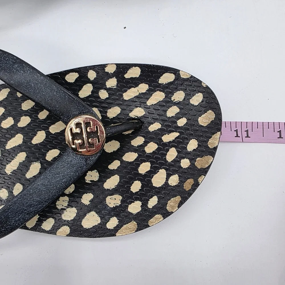Tory Burch Classic Printed Thin Flip Flop Spotted Gold Logo Sandal Black Size 11